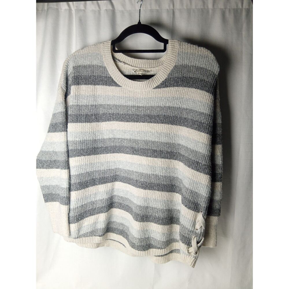 Pink Republic Women's XL Gray Cream Striped Oversized Knit Sweater Pullover
